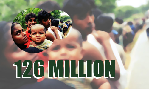 Line of Bangladeshi people in a street. The number 126 million is overlaid in green text.