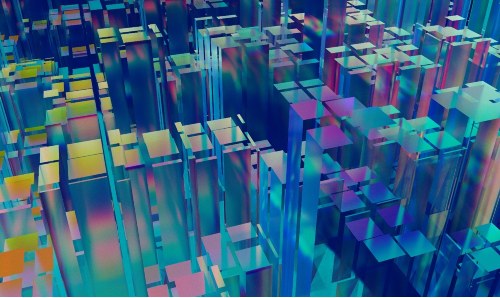 Abstract digital artwork featuring a complex 3D grid of translucent, glass-like cubes in varying heights