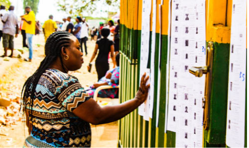 This picture was taken during the Nigerian 2019 General Elections. A voter checks for her name on the voter's list.