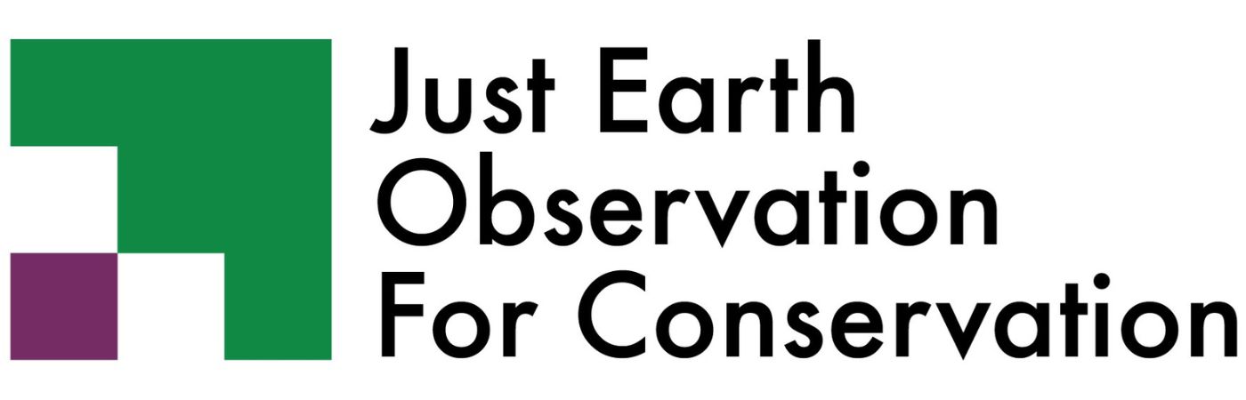 Logo featuring a green geometric shape alongside a smaller purple square with the text Just Earth Observation for Conservation